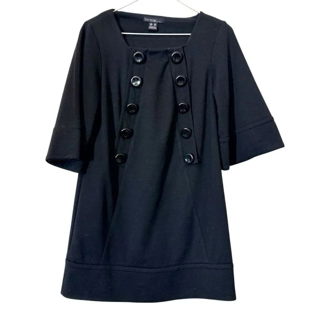 Vintage Kensie Elbow Length Sleeve Front Buttons Tunic Mini Dress Black XS